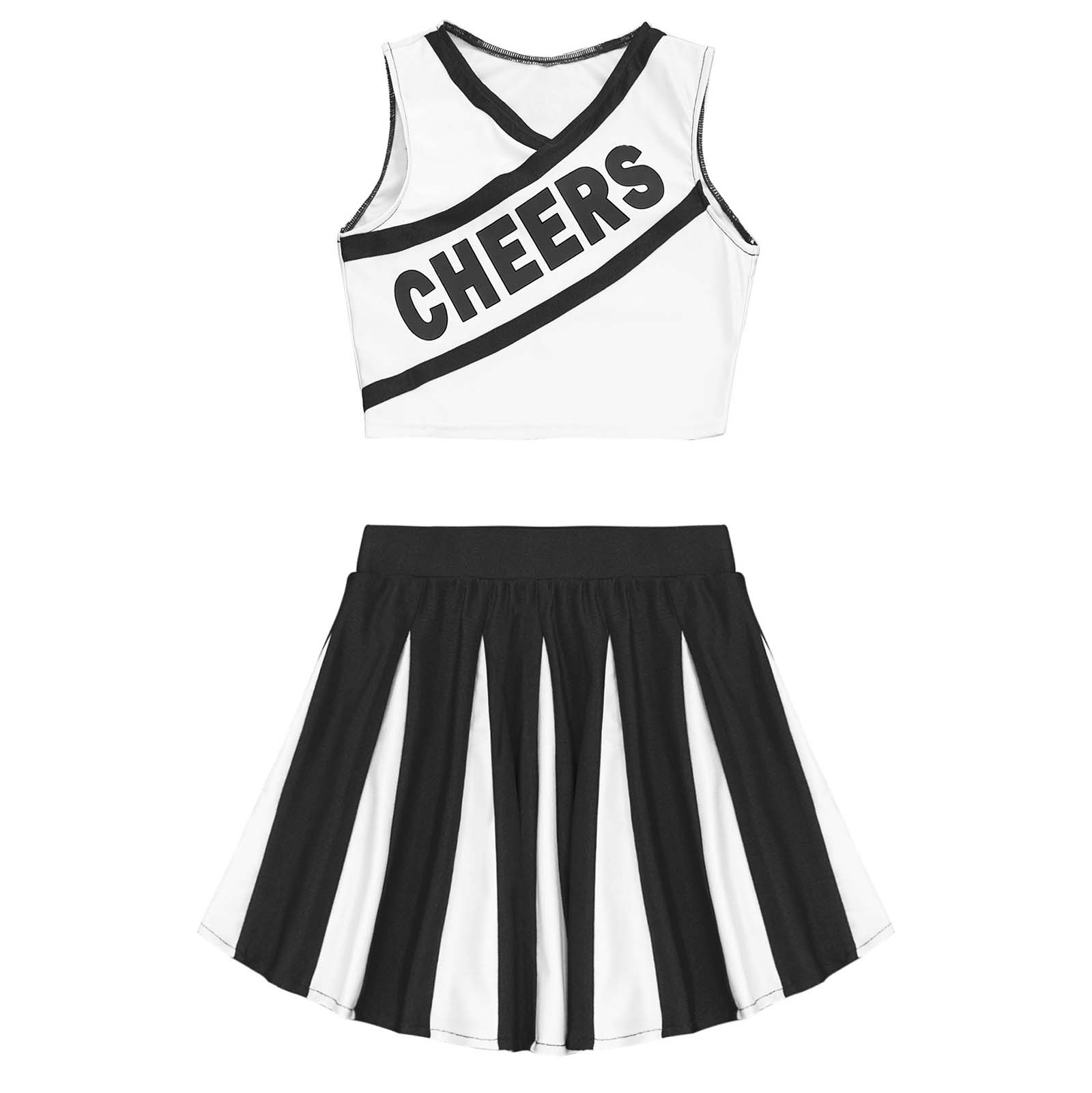 Kids Girls Cheerleading Clothes Set Dance Costume School Uniform V Neck Sleeveless Cheers Print Vest and Pleated Skirt Outfit: Black / 14