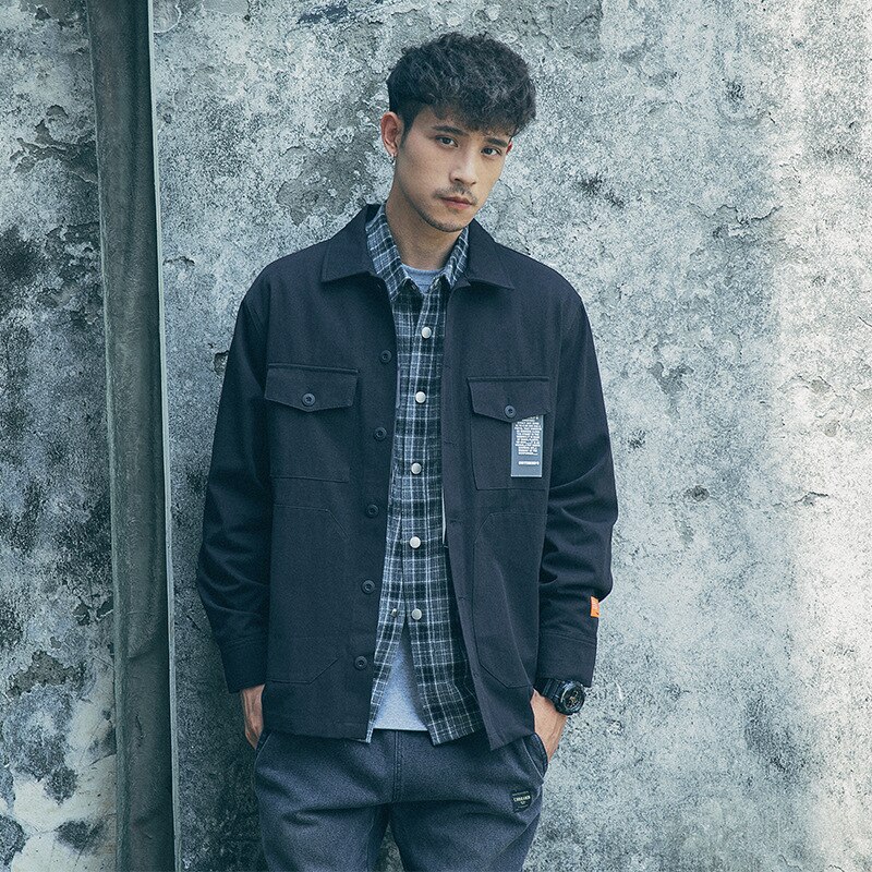 Spring autumn brand personality printing Hong Kong style thin black Coat men's lapel tooling casual student denim jacket