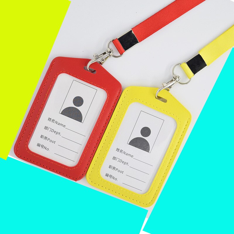 Portable Neck Strap Rope Staff Employee's ID Work Card Holder PU Office Buliding Gate Pass Access Card Cover Sleeve with Lanyard