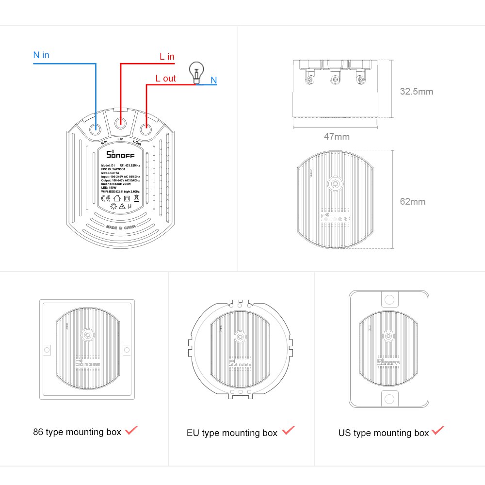 Itead sonoff  d1 smart lysdæmper switch wifi switch modul 433 mhz rf/app/stemme fjernbetjening juster lysets lysstyrke til smart hjem