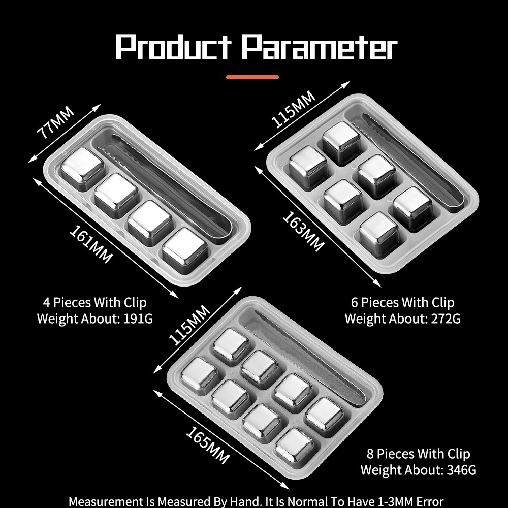8PCS/set Stainless Steel Ice Cubes Reusable Chilling Stones Whiskey Wine Cooler Stones Chiller Ice Mold Cube Maker Silicone