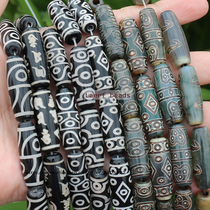 Ágata Natural negra/verde, cuentas de ágata Dzi del Tíbet antiguo, fabricación de joyas DIY, alrededor de 10x30mm, 1 pieza