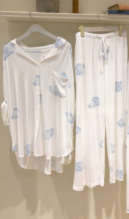 Japanese spring and Autumn thin pajamas gelato Modal cotton clouds long sleeve pantsuit crescent soft home wear sleepwear: blue set