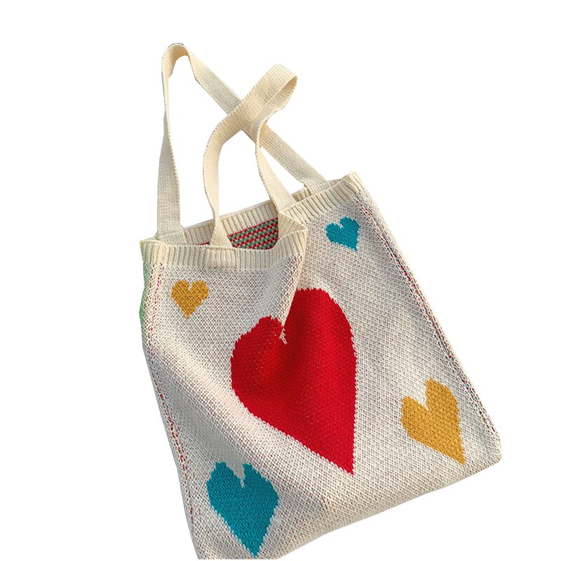 Knitting Bag Knitted Embroidered Shopping Bags Knitting Jacquard Pattern Cute Shopping Bag LadiesTeenagers Handbag