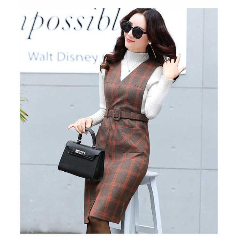 Frauen Frühling Herbst Weste Kleid V-ausschnitt Gurt Kleid Jahrgang Ärmel Tasche Plaid Kleid Weibliche Dünne Gürtel Kleider Vestidos Y547: XL / Orange