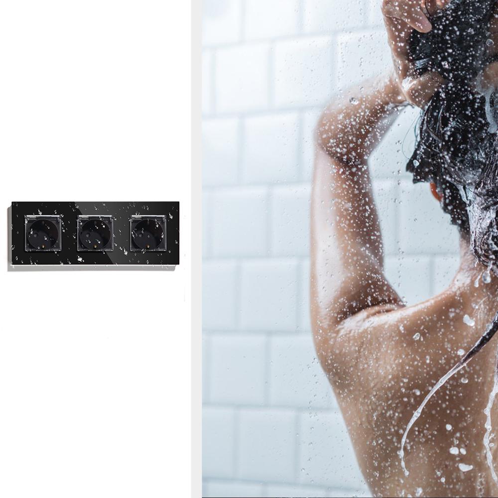 BSEED Waterproof Triple Socket EU Standard Wall Socket 16A 110V-250V White Black Gloden Crystal Glass Panel Wall Socket
