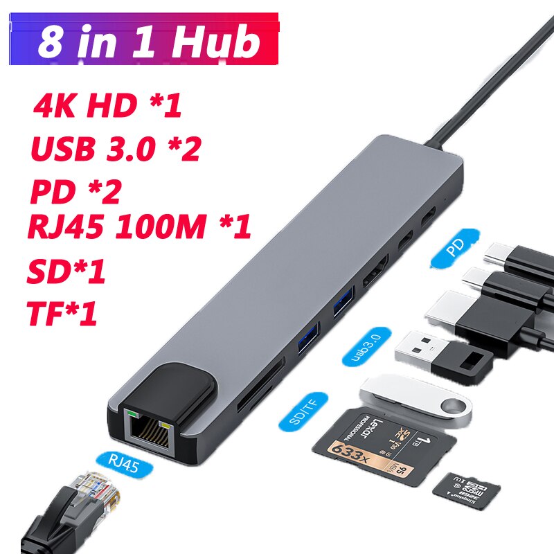 Adaptateur HUB USB type-c 11 en 1, 4K, HDMI, VGA, RJ45 Lan, Ethernet, SD/TF, 3.5MM, AUX, Station d&#39;accueil, séparateur pour ordinateur portable: 8 in 1