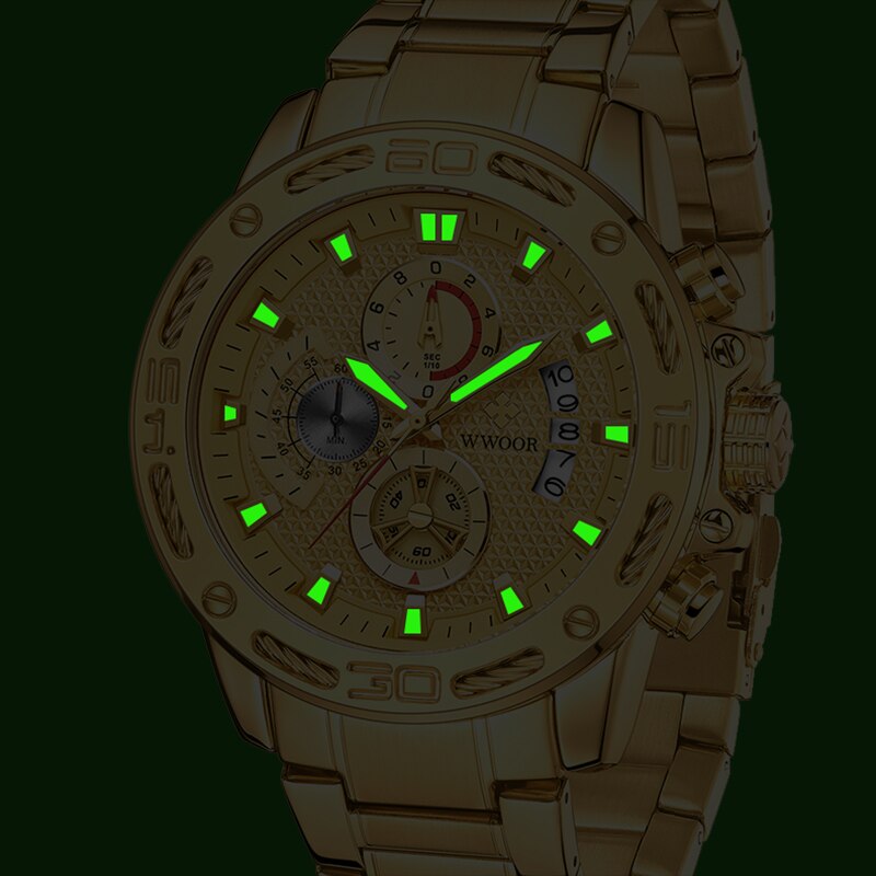 Relojes WWOOR para hombre, superior, de lujo, reloj de cuarzo de acero inoxidable dorado, cronógrafo deportivo resistente al agua para hombre, reloj Masculino