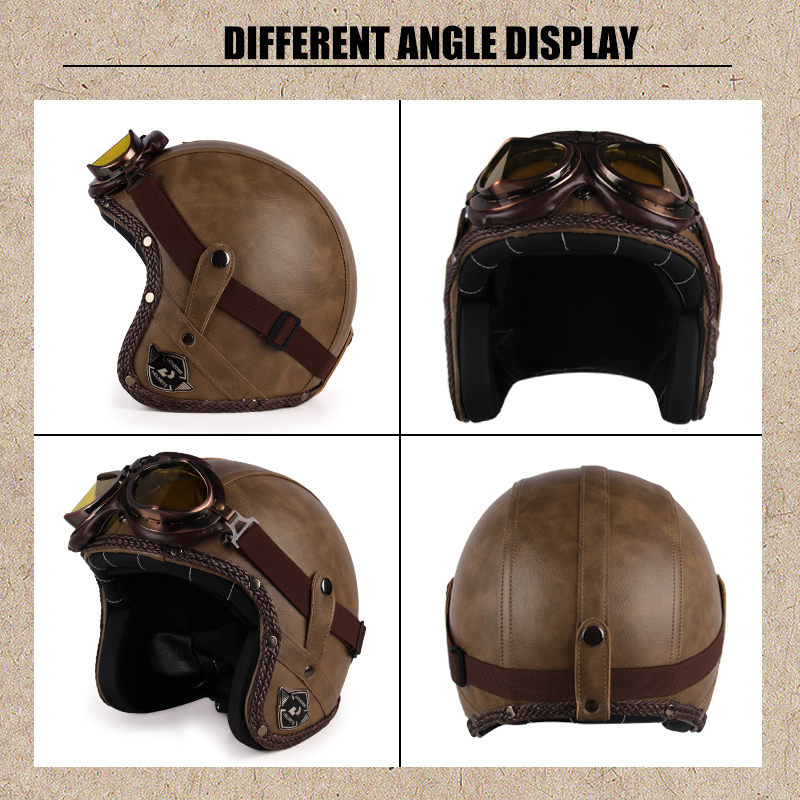 UCHOOSE retro Motorradhelm PU Leder offen Gesicht 3/4 Zerhacker Fahrradhelme klassisch Casco Moto Jahrgang