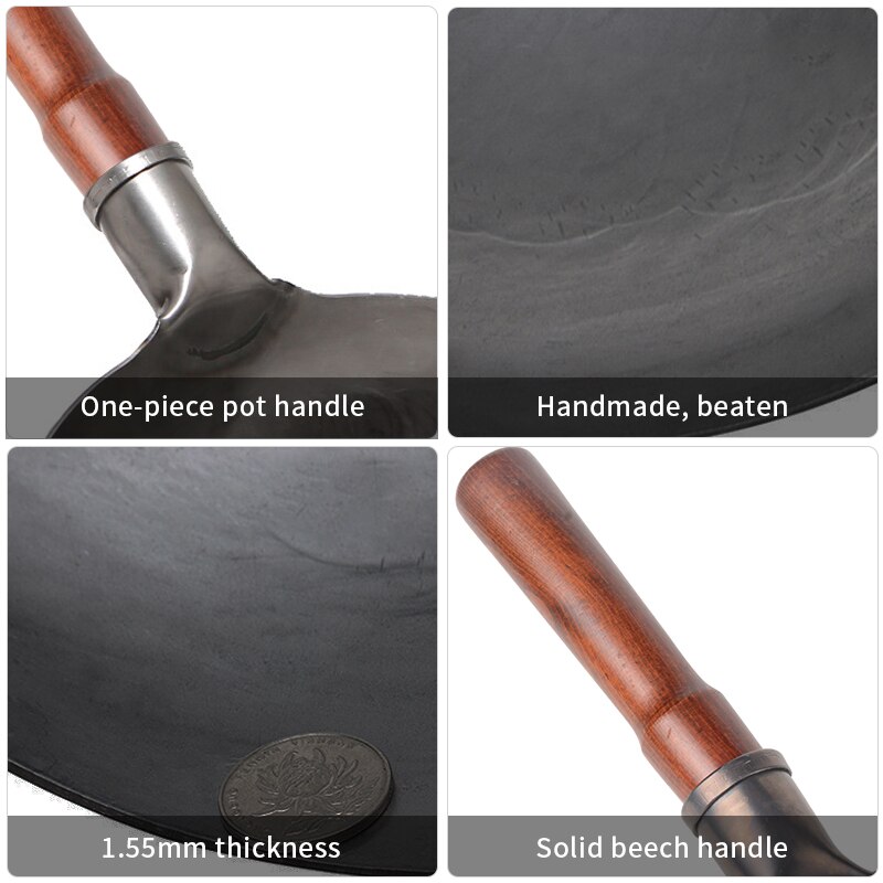 Konco Iron Wok,Wooden Handle Hand Hammered Wok Uncoated Non-stick Wok Household Gas Stove Pan
