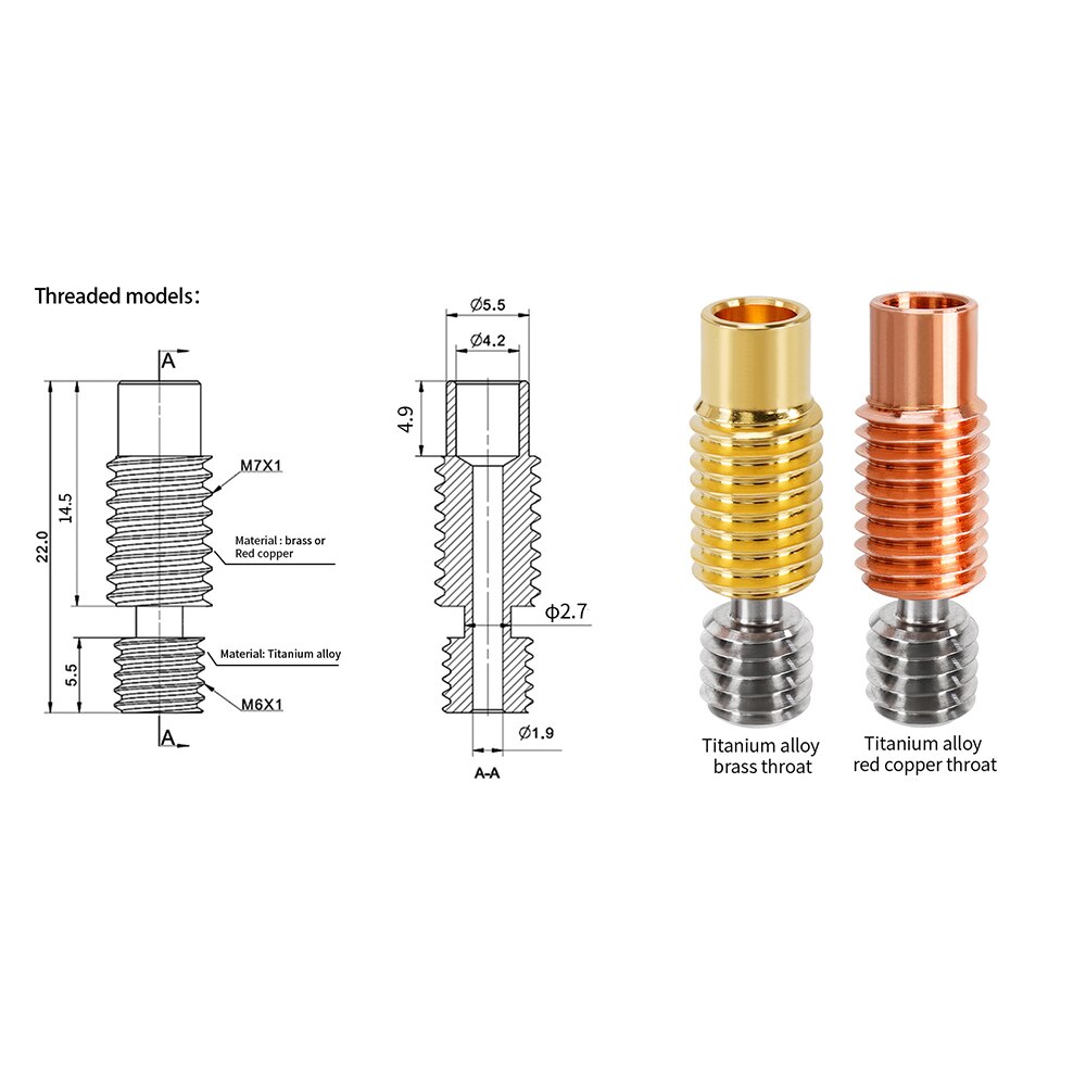 2/1 sztuk ze stopu tytanu Bi metal-metal E3D V6 gardła Heatbreak V6 mosiądz miedziowanie Hotend bimetaliczny dla Prusa i3 MK3 1.75MM: 2pcs V6 Throat / Type B V6 mixed