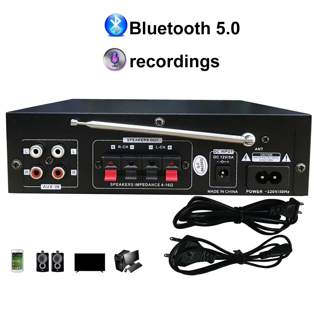 Home Audio Amplifier 100W Bluetooth 5.0 Class D Power Speaker Amp 2 Channel Support Bluetooth MIC RCA Recording FM Amplifiers