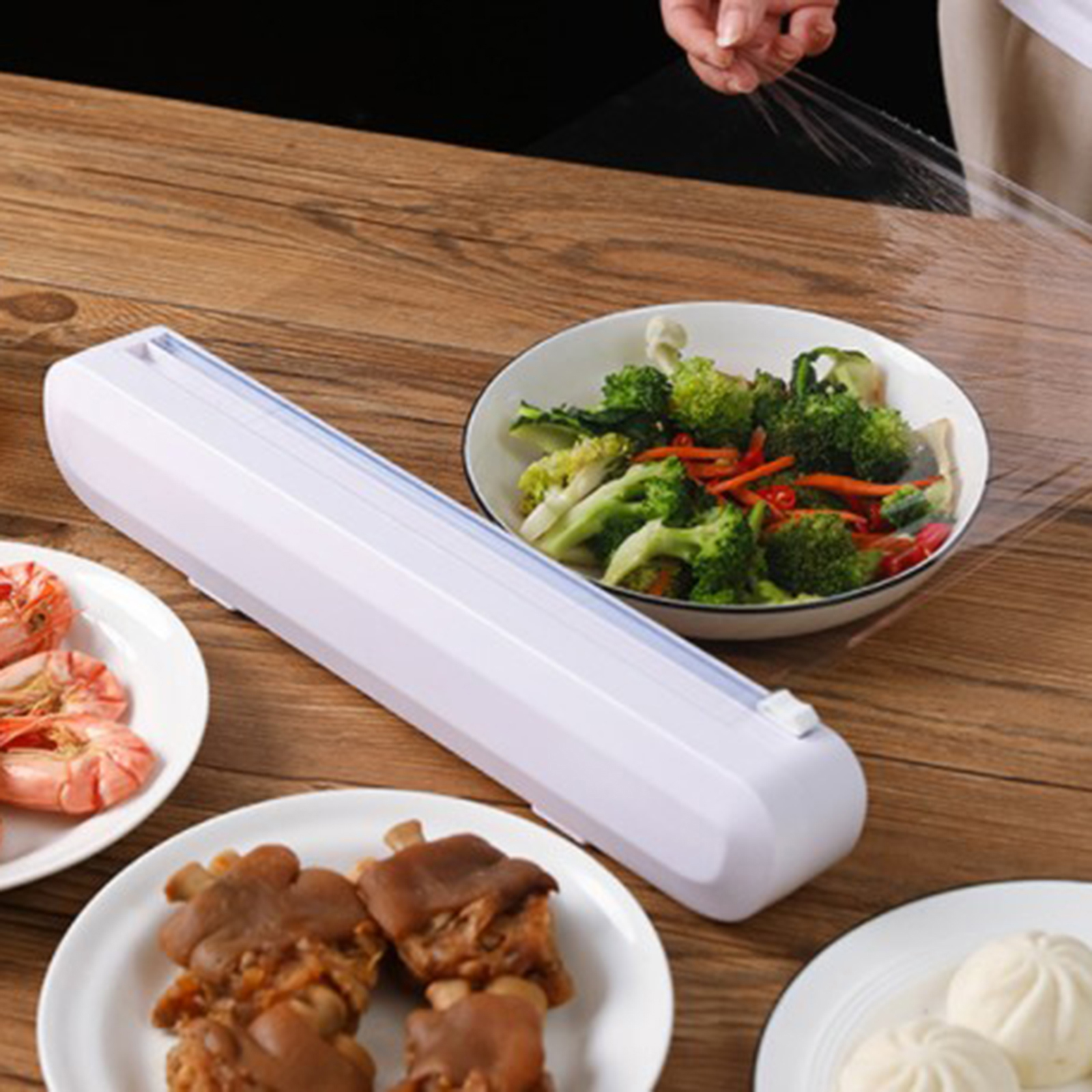 Useful Food Wrap Cutter with Plastic Wrap Tool Film Wrap Dispenser with Sharp Cutter Plastic Wrap Storage Box