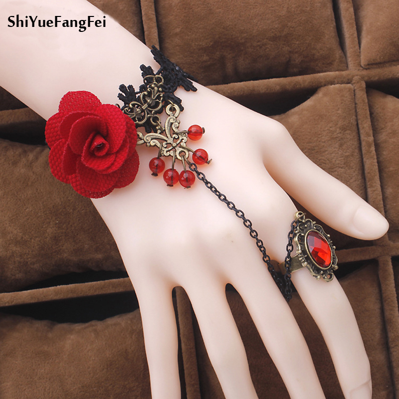 jewelry red rose flower cane temperament of crystal lolita lace bracelet with ring one opisthenar jewelry bracelet