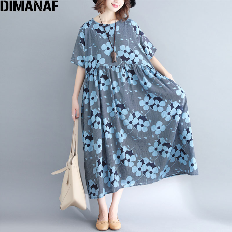 DIMANAF-vestido de lino de talla grande Vintage para mujer, vestido holgado de talla grande, azul, para playa y vacaciones de verano,