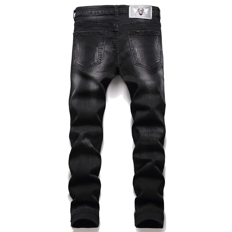 Pantalones vaqueros elásticos de estilo americano y europeo para hombre, Jeans negros rasgados con remaches, pantalones de pierna pequeña a la ,
