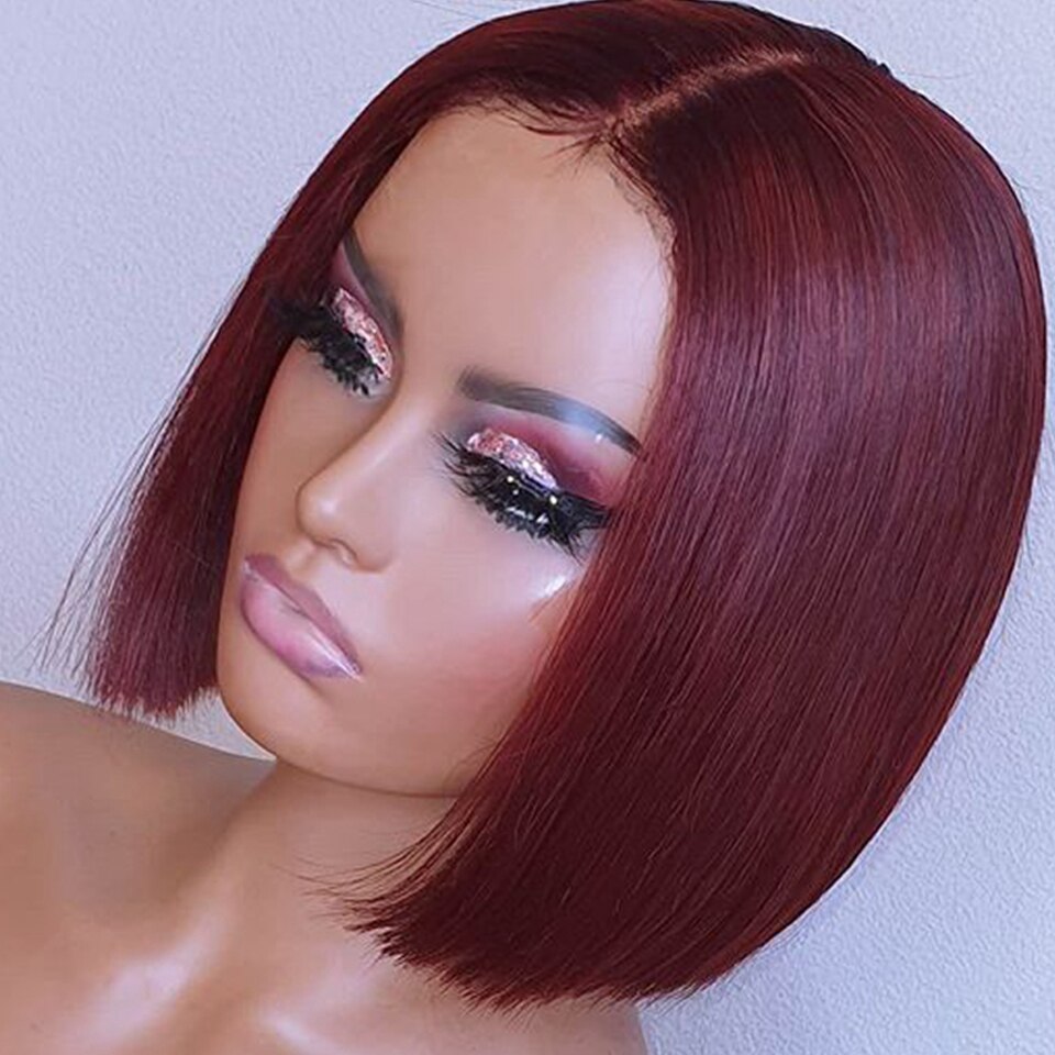 Peluca corta Bob Borgoña 99J, pelo sintético liso sedoso con parte media para mujer, rojo vino oscuro para cabello negro resistente al calor: Dark Red / 16 pulgadas
