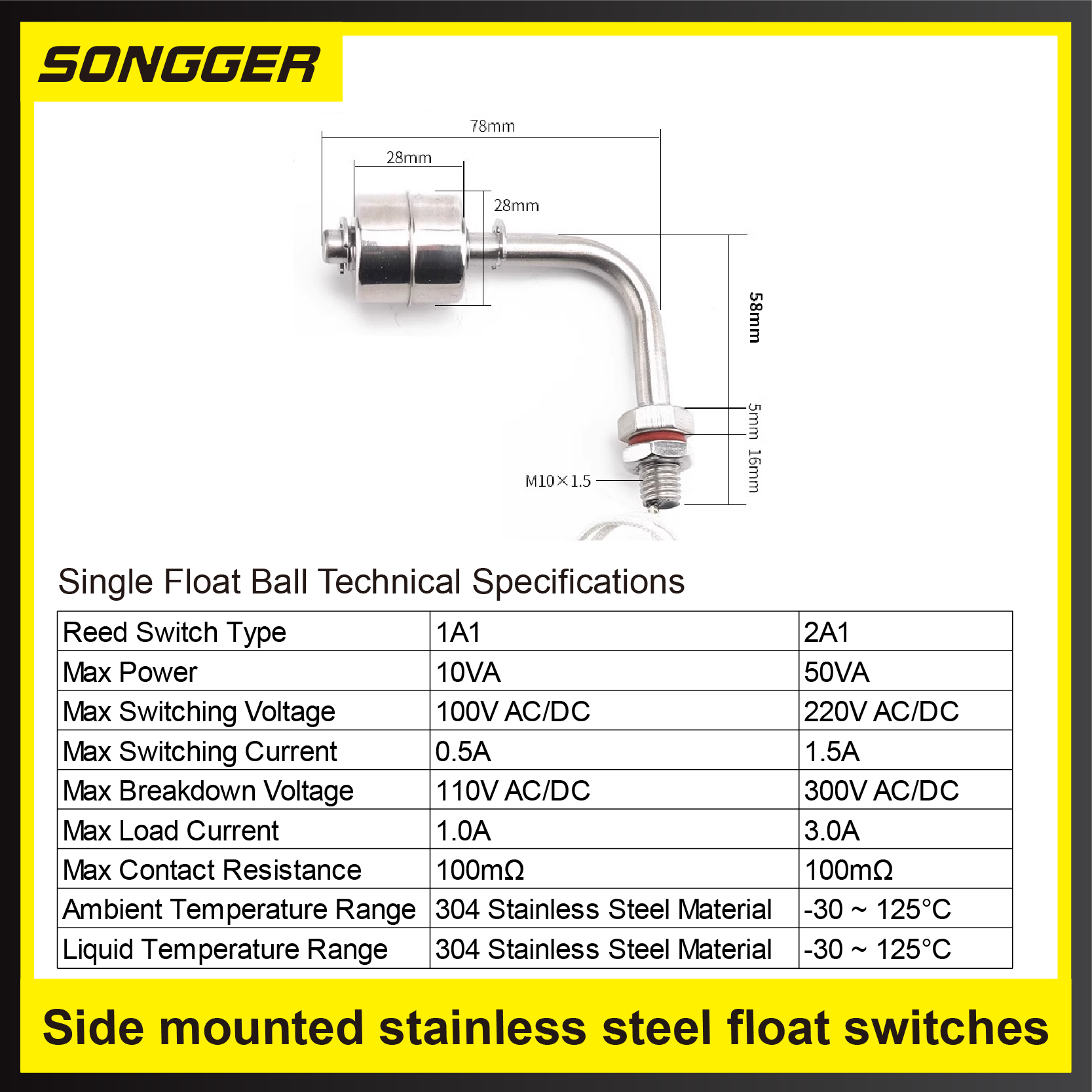 Side mounted stainless steel float switches liquid level sensor waterproof dual ball 304 water tank level controller