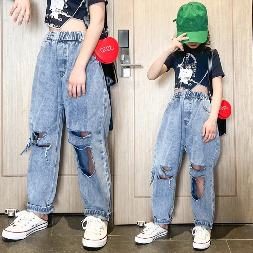 Pantalones vaqueros Con agujeros para bebés y niños, Jeans de cintura elástica para primavera y verano, 6-16 años, Wz650