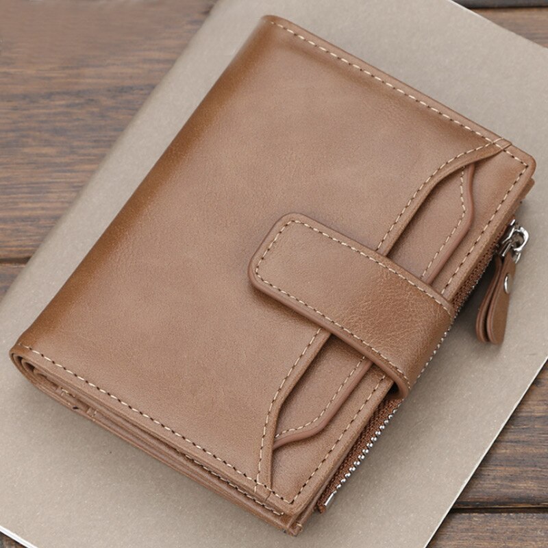 Men Zipper PU Leather Short Wallet ID Credit Cards Holder Billfold Purse JAN88: Khaki C