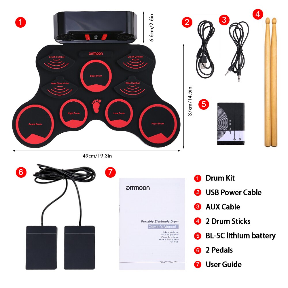A Series of USB Roll-Up Silicon Drum Set Digital Electronic Drum Kit 7 Drum Pads with Drumsticks Foot Pedals for Beginners