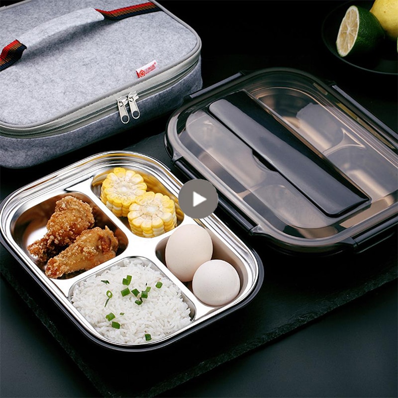 Portable Stainless Steel Thermal Lunch Box Microwave water Self-heating School Office Insulated Bento Box With Lunch Bag