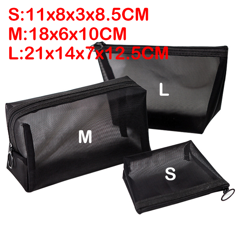 Makeup Bags Women Transparent Mesh Balck Cosmetics Case Cosmetic Brushes Tools Storage Bag Travel Toiletry Organizer Pouch: L / black