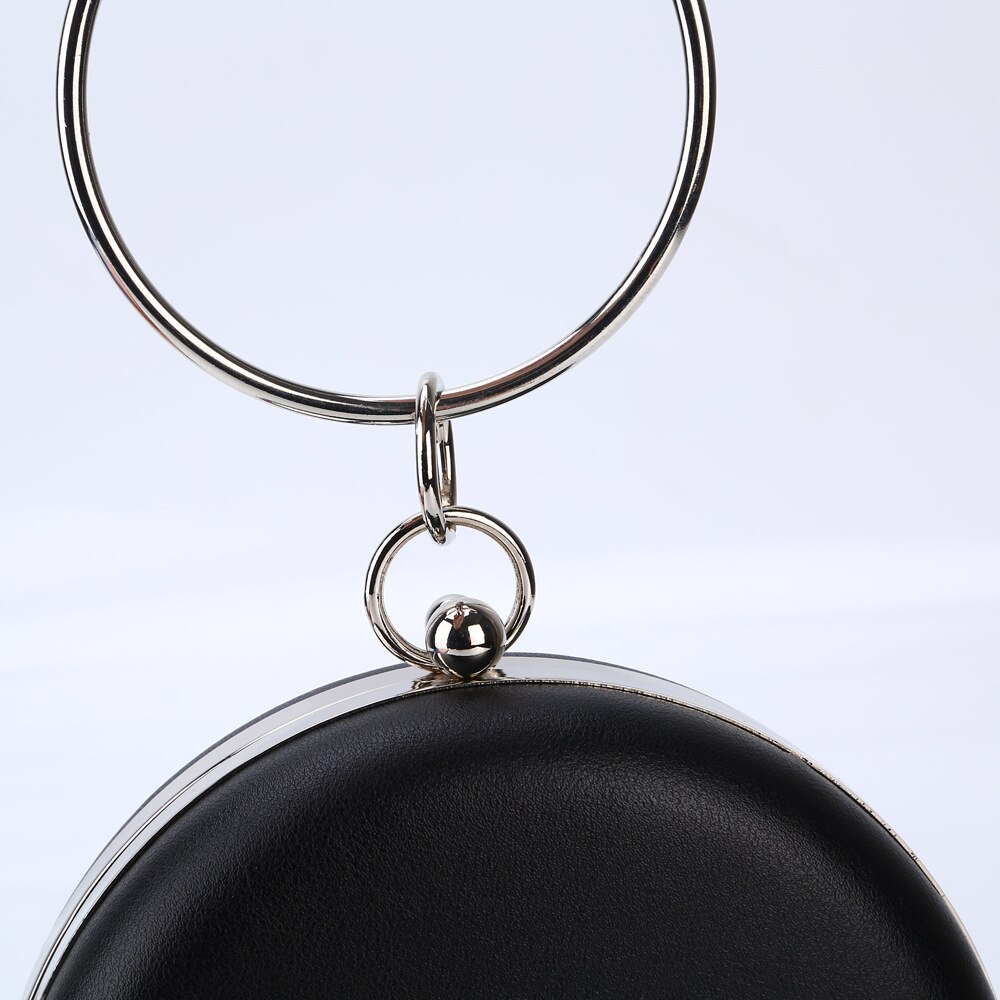 Brand PU Circular Evening Bag Pink Silver Black Metal Ring Totes Bag Cute Solid Leather Messenger Bag For Makeup Purse