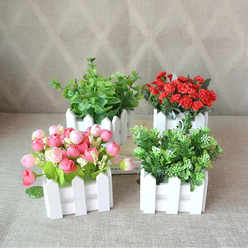 1 sett tregjerdevase + blomsterrose og tusenfryd silke kunstige blomster hjemmedekorasjon hageinnredning bursdag