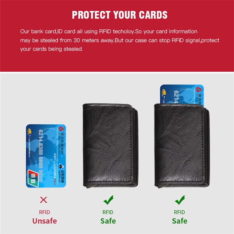 Anti-rfid visitekaartjeshouder rood/zwart/geel/bruin/blauw pu leer + legering creditcardhouder hoesje kaarten komen automatisch omhoog