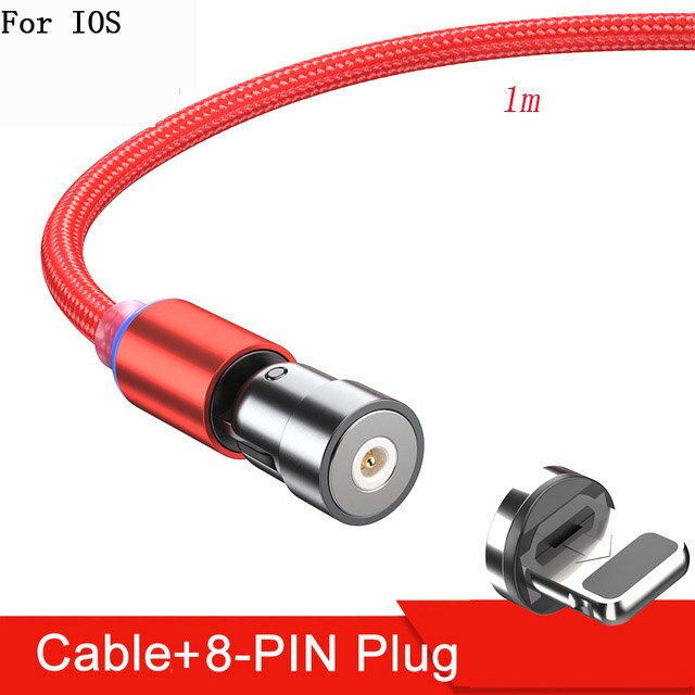 Cable magnético giratorio de 360 grados, Cable de carga USB tipo C, cargador magnético de carga rápida, Cable micromagnético giratorio de 540 grados: 1m Red IOS 8PIN Plug