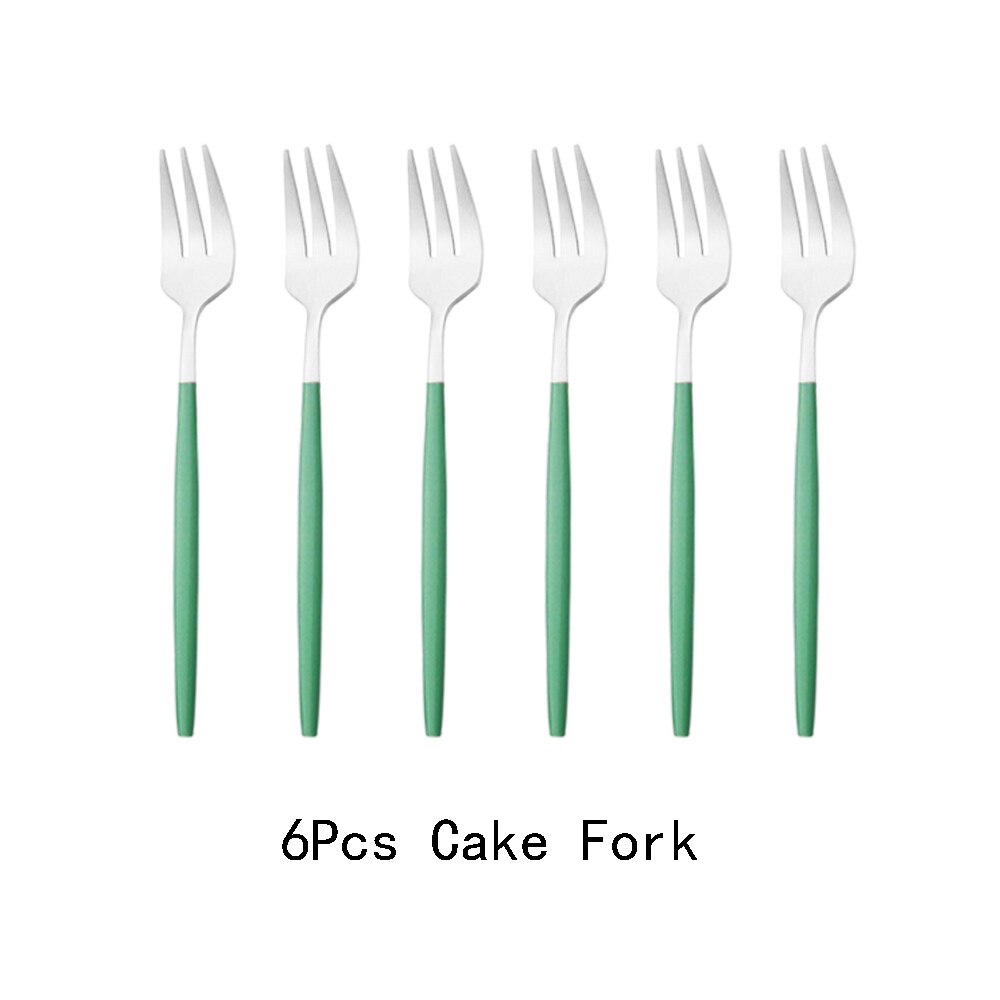 6Pcs Coloful Fork Set Tea Cake Snack Forks Dinnerware Cutlery Matte Stainless Steel Tableware Dessert Fruit Fork Silverware Set: Mint Silver