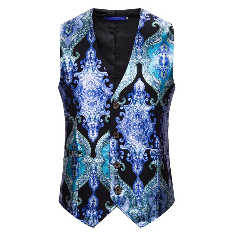 Steampunk Men Suit Waistcoat Luxury Brand Palace Style Floral Print Night Club Prom Slim Wedding Vest: Black Blue / Euro Size M