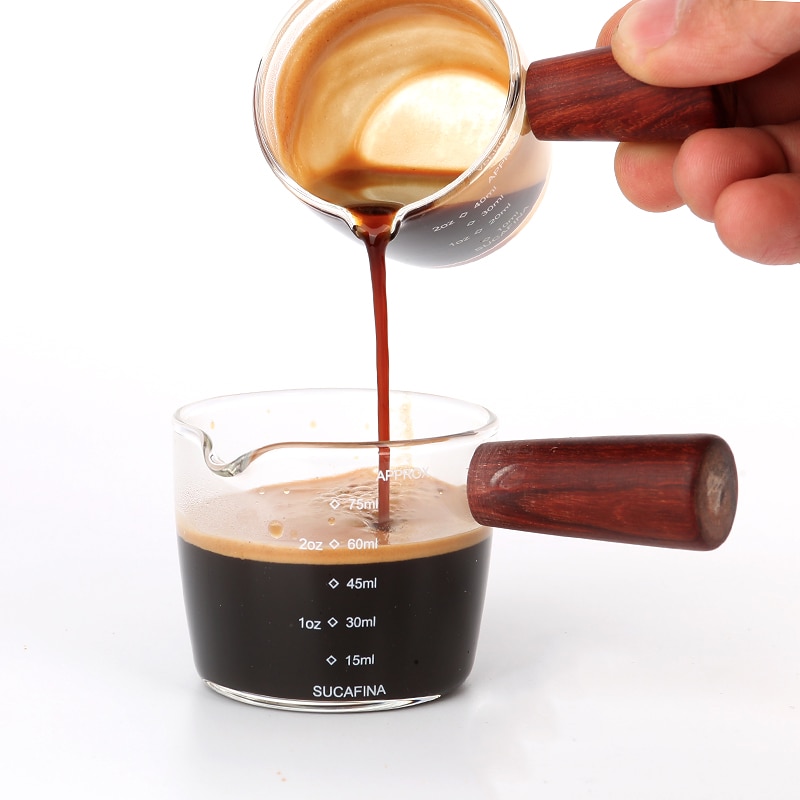 Espresso Koffie Meten Ounce Cup Houten Handvat Schaal Hoge Borosilicaatglas Huishouden Cafe Winkel Metering Transparante 75Ml