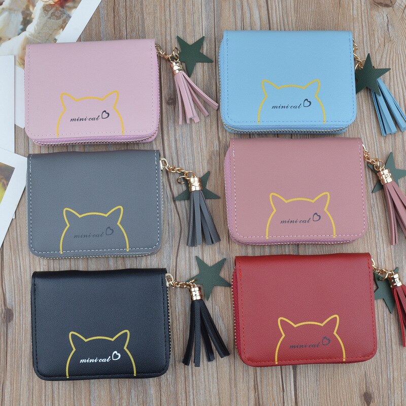 Cat Pattern Tassel Ladies Purses Coin Bag Card Holder, Small Wallets Star Pendant Slim Wallet Women Girls Female