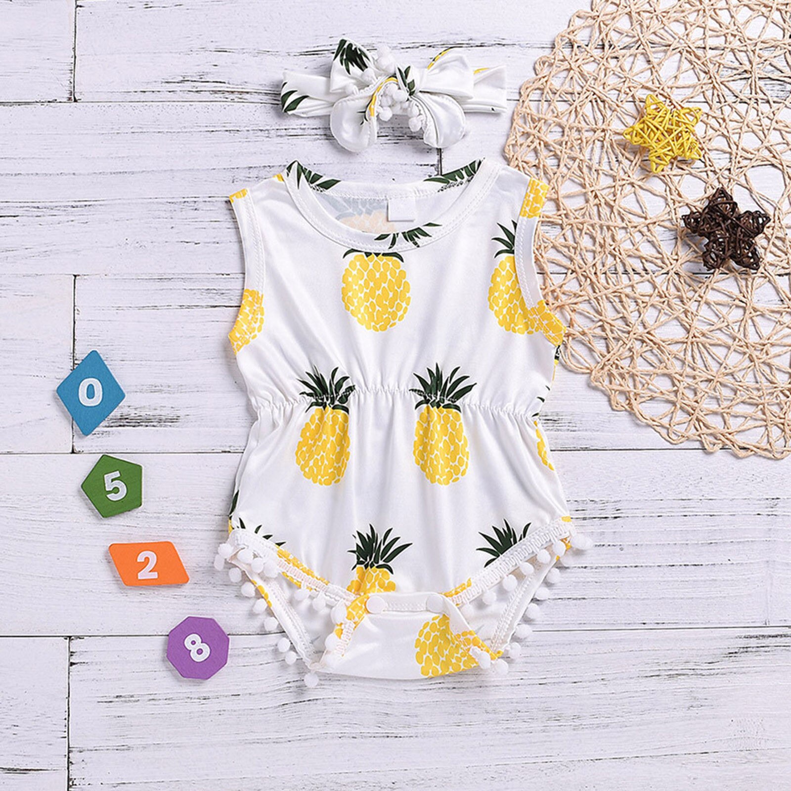 Vêtements d'été pour bébés filles et garçons, body à franges, bandeau ananas, tenue florale sans manches, combinaison 2 pièces,