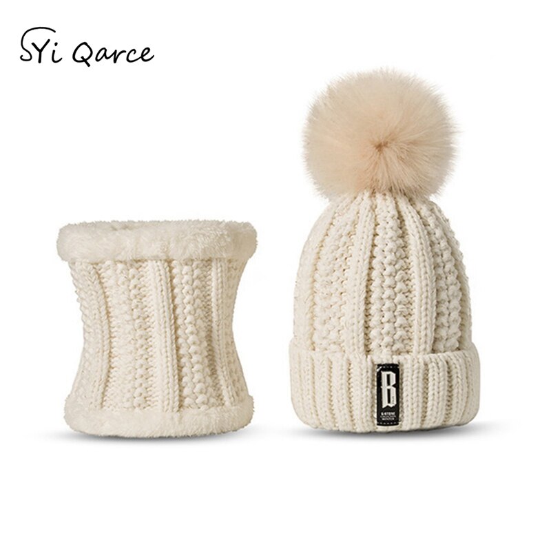 SYi Qarce Letter B 2 Pcs Women Winter Warm Knitted Hat Scarf Set Fleece Prefect Christmas for Girl's Women's hat and scarf: White