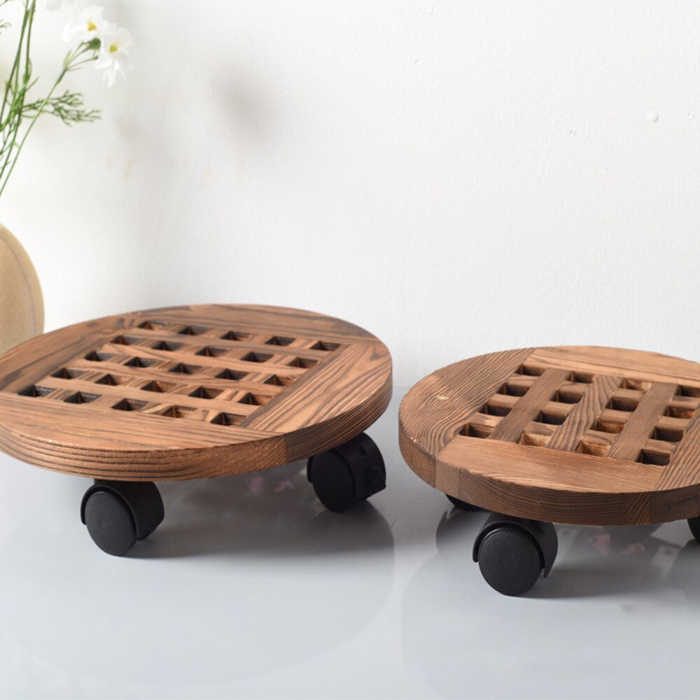 Pot Receptacle Tray Flower Stand Mobile With Wheels Round Gardening Garden Tool Rolling Wooden Planter