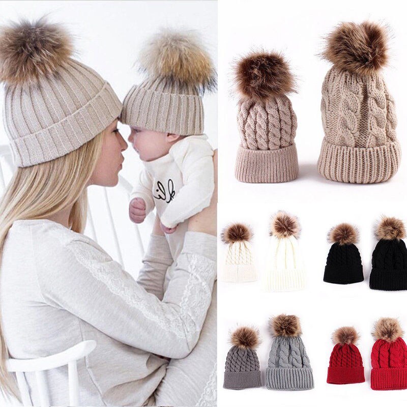 Gorro cálido de punto para madre e hijo, gorro de lana con pompón de pelo, gorro de esquí de ganchillo, 2 uds.