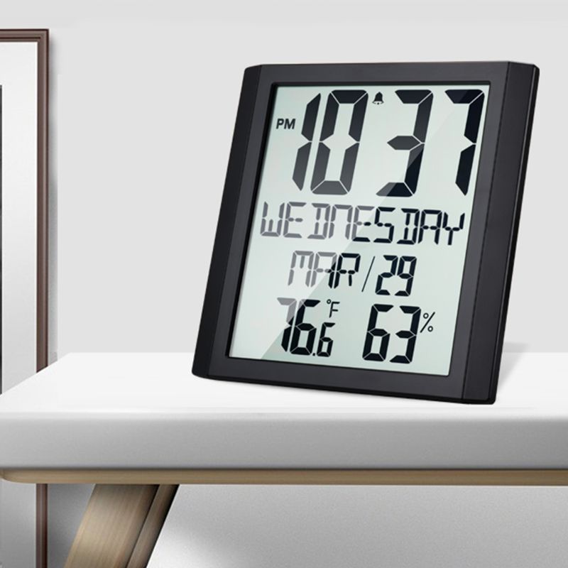 Wall Clock Extra Large Digital Display Time Day Calendar Indoor Thermometer Hygrometer Table Desk Stand &amp; Wall Hanging