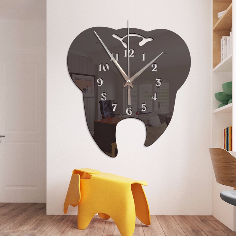Timelike Tooth-Shaped Wall Clock Ornament Wall Clock 3D Acrylic Mirror Wall Sticker Home Decor