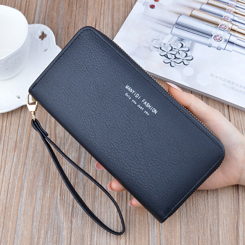 Large Capacity Women's Long Soft Leather Wallet Zipper Clutch Ladies Simple Retro Mother Mobile Phone Bag Standard Wallets: Black