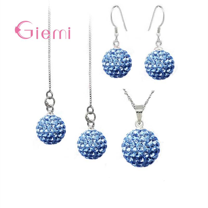 925 Sterling Silver Crystal Disco Ball Beads Necklace Earring Ear Thread Jewelry Set Trendy Jewelry