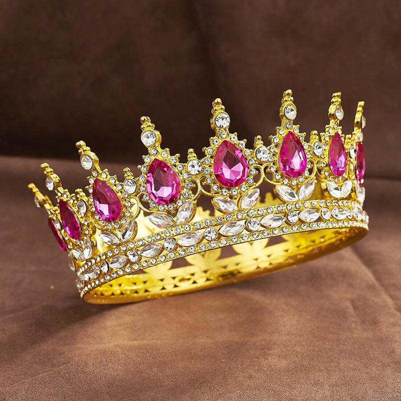 Luxury Color Baroque Queen Crown Colorful Sparkly Rhinestone Wedding Crown Bride Princess Full Round Tiaras Headband Headpieces: Pure Gold Color