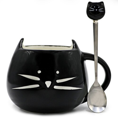 Ceramic Cute Cat Mugs Lovers Coffee Mug Tea Milk Cups: Black (with spoon)