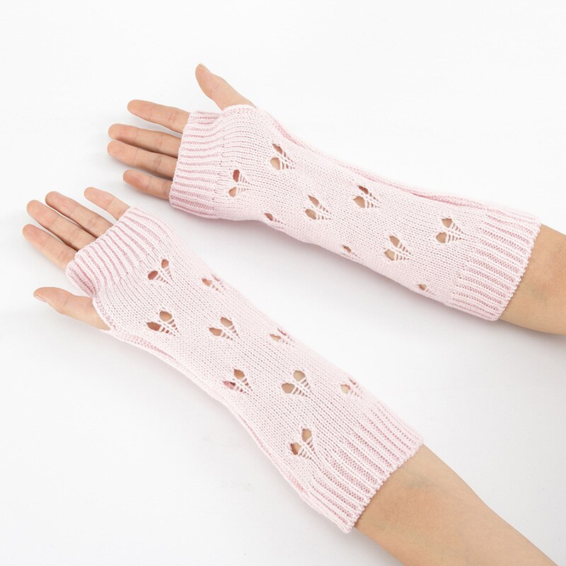 1 par kvinder vinter udhulede hæklede fingerløse handsker ribbet strik trim armopvarmere ensfarvet elastisk vante med tommelfingerhul: Lyserød