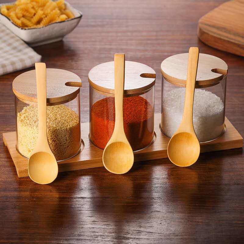 Hamer Glas, Bamboe En Hout Dressing Box Set Voor Huishoudelijke Keuken Zout Pot Kruiden Fles Container Set: Whole set01