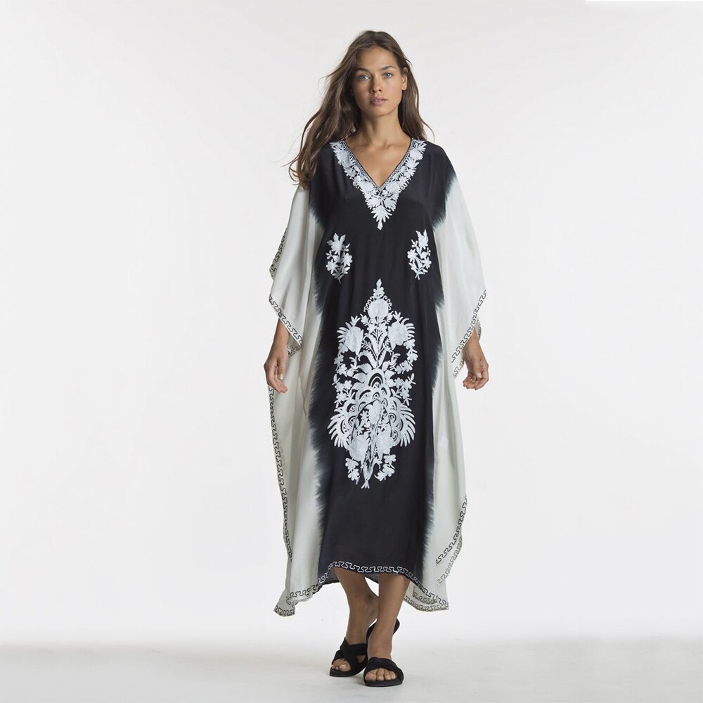 Bohemian Strand Jurk Plus Size Print Beach Cover Up Lange Katoenen Tuniek Batwing Mouw Sarong Vintage Beachwear