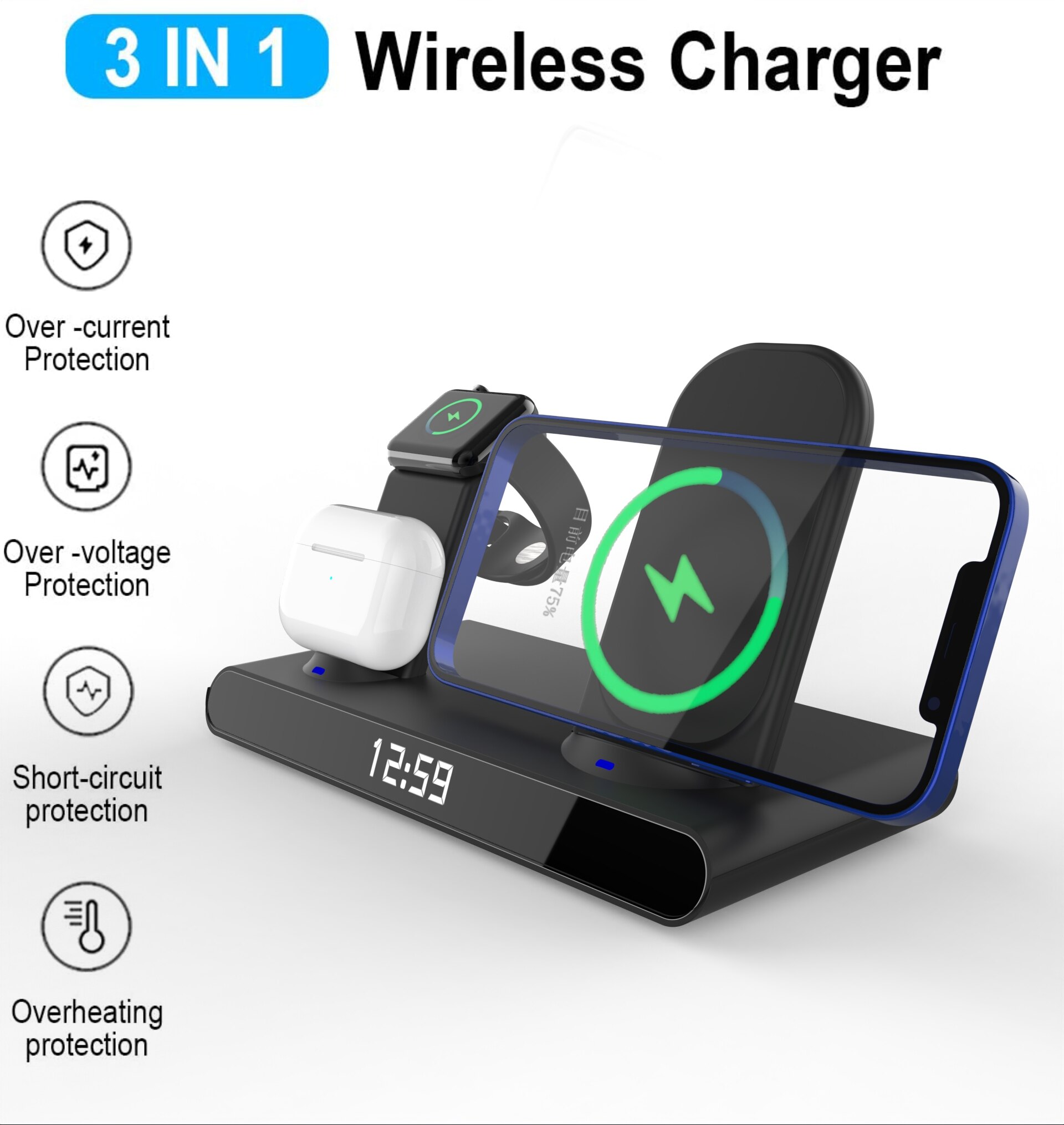 3 in 1 kabellos Ladestation Für iPhone 13 12 11 Profi Max/Apfel Uhr/AirPods LED Digital wecker Drahtlose Ladegerät Stehen