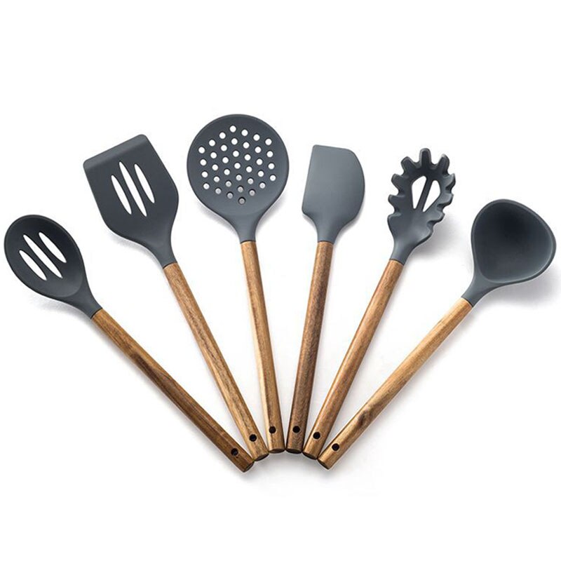 Kitchen Utensils Silica Gel Cooking Spoon Leaky Spoon Acacia Wood Spatula Wooden Handle Silicone Kitchenware Set Spatula